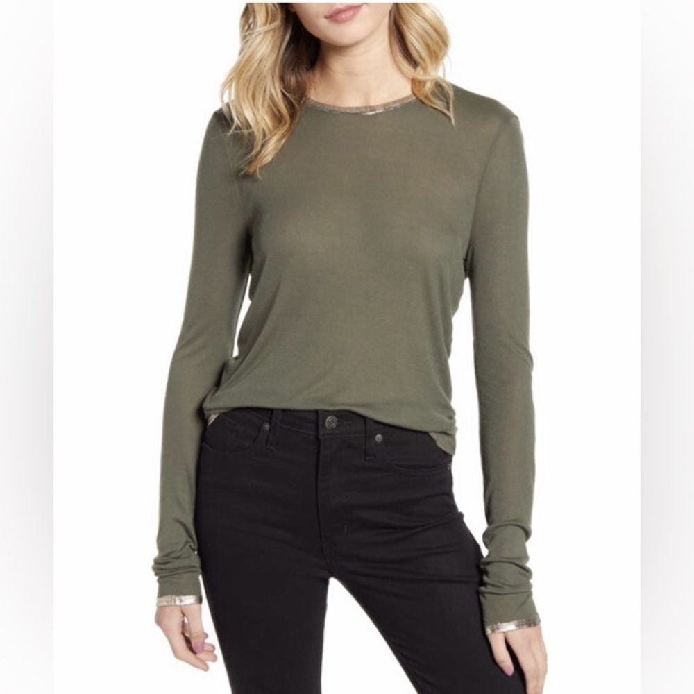 RARE ZADIG & VOLTAIRE NWT Willy Long Sleeve Foil Trimmed T-Shirt in Kaki—S